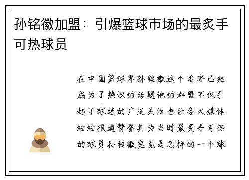 孙铭徽加盟：引爆篮球市场的最炙手可热球员